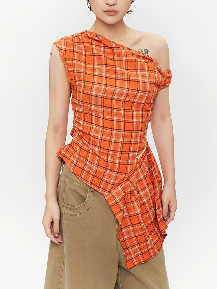 Asymmetrical Off-Shoulder Plaid T-shirt