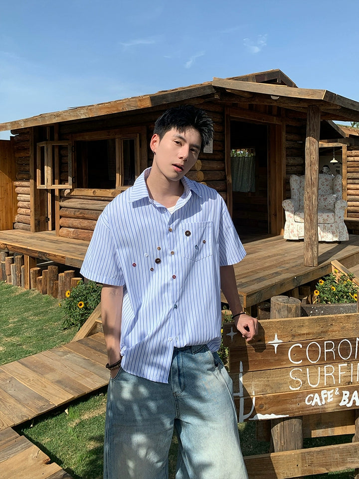 Vertical Striped Short Sleeve Shirt