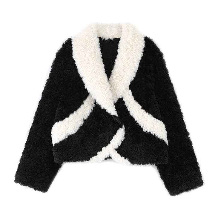 V-Neck Contrast Faux Fur Winter Coat
