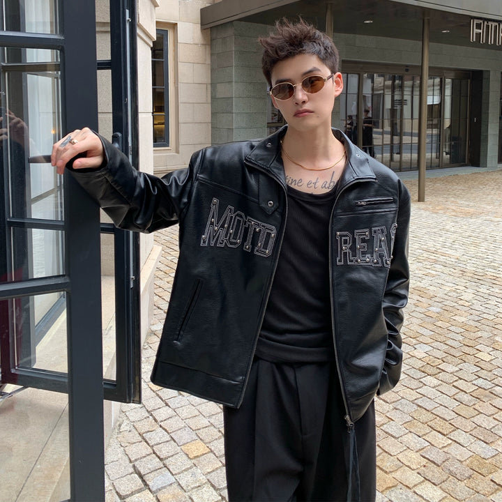 Leather Rivet Letter Motorcycle Jacket