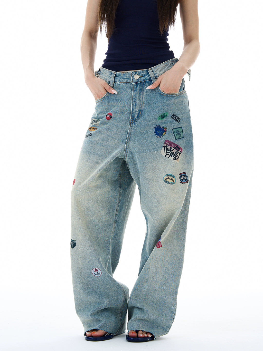 Bredbenede løse patchwork jeansbukser