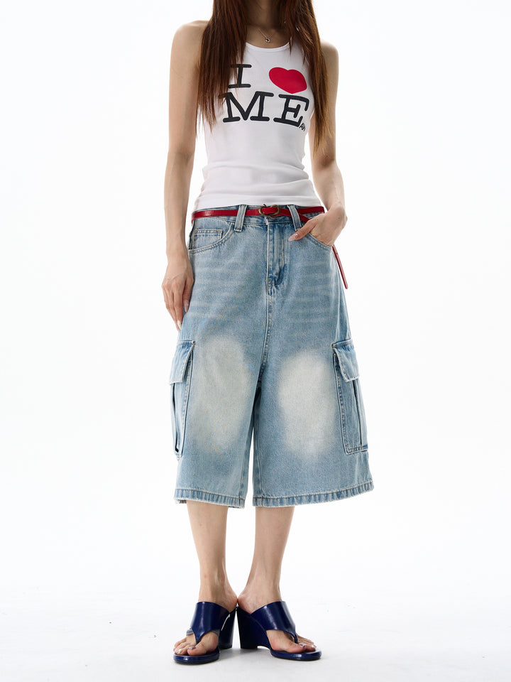 Wide-Leg Cropped Denim Cargo Pants