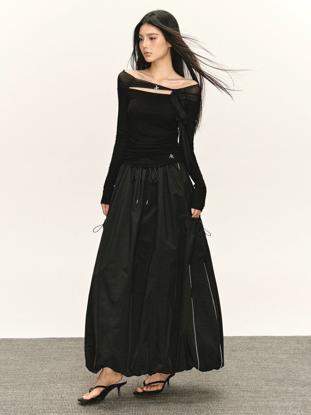 Retro Drawstring Maxi Skirt with Pockets