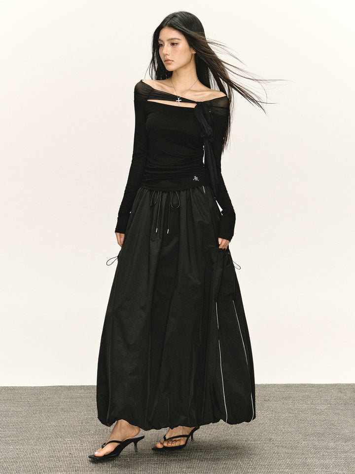 Retro Drawstring Maxi Skirt with Pockets