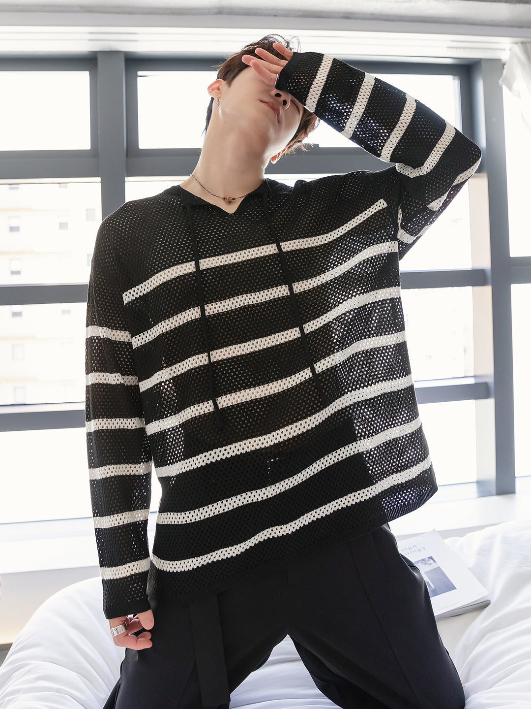 Mesh Striped Knit Pullover