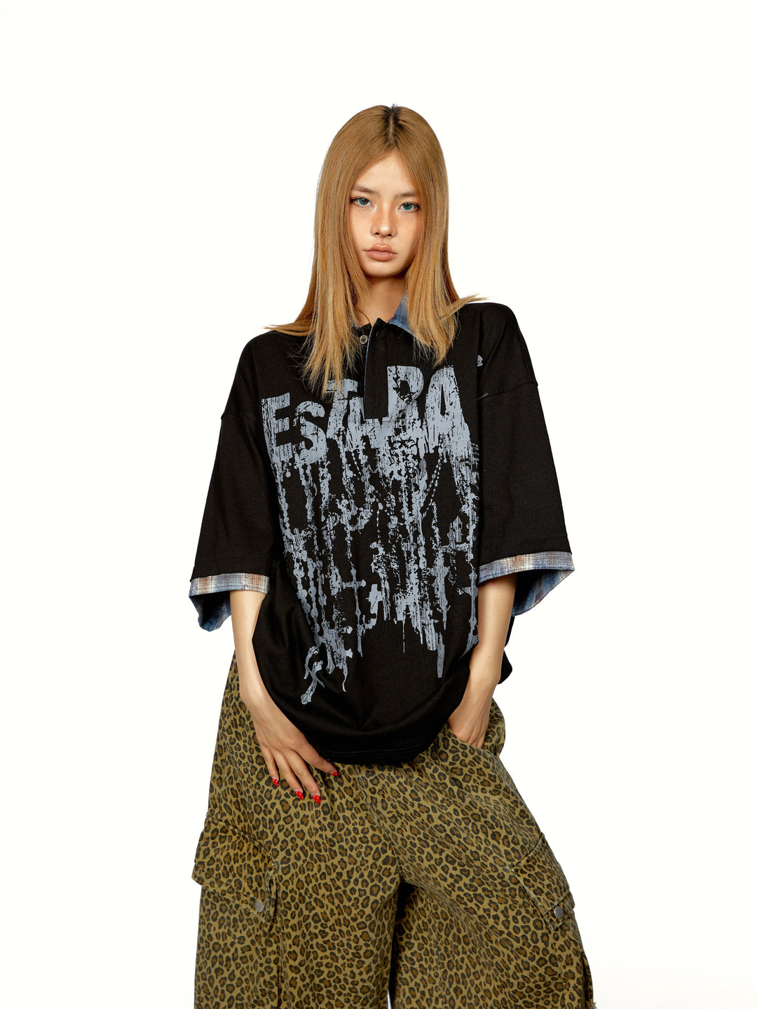 Plaid Polo Collar Graphic Loose T-Shirt