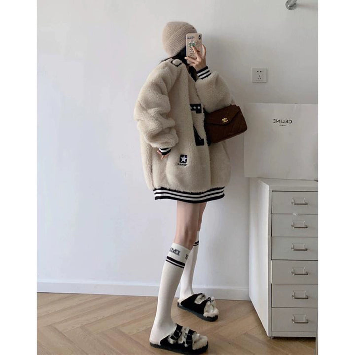 Oversized Sherpa V-Neck Varsity Hoodie