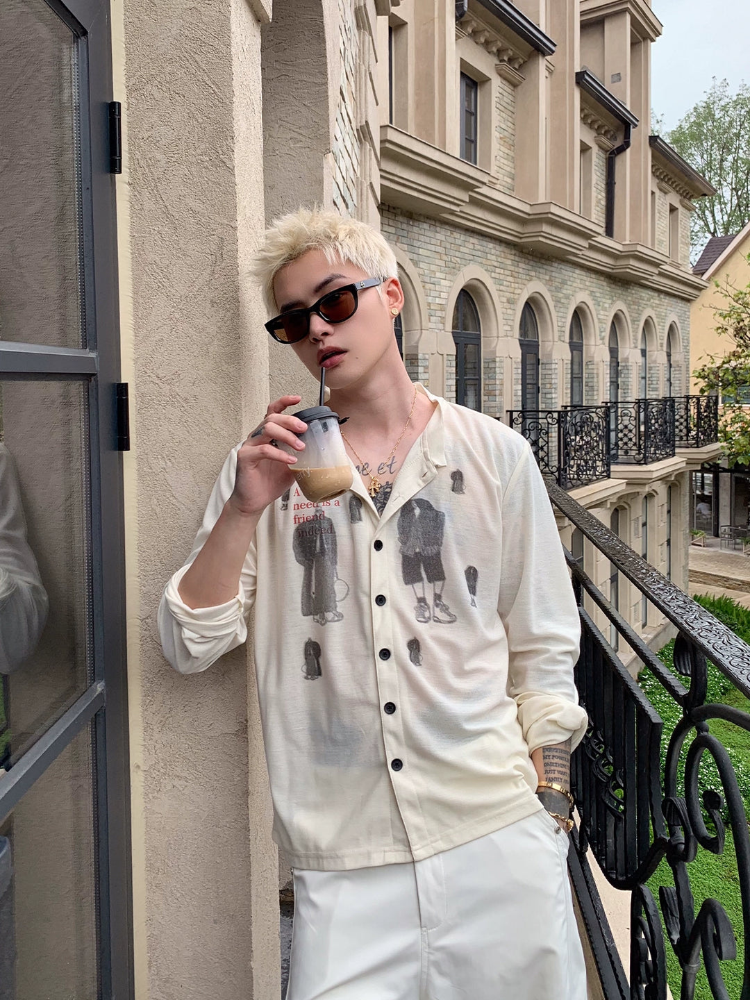Camisa de cárdigan de manga larga impresa de lyocell