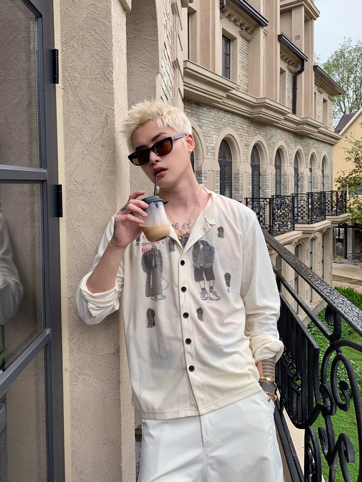 Camisa de cárdigan de manga larga impresa de lyocell