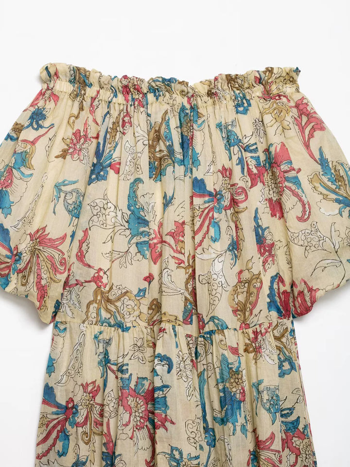 فستان صيفي فضفاض مزخرف بطبعة زهور بدون أكتاف