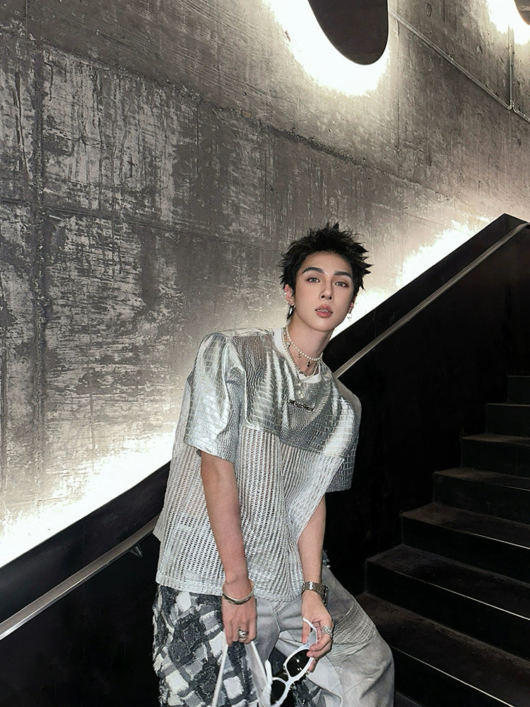 Short Sleeve Leather Panel Cotton Pullover