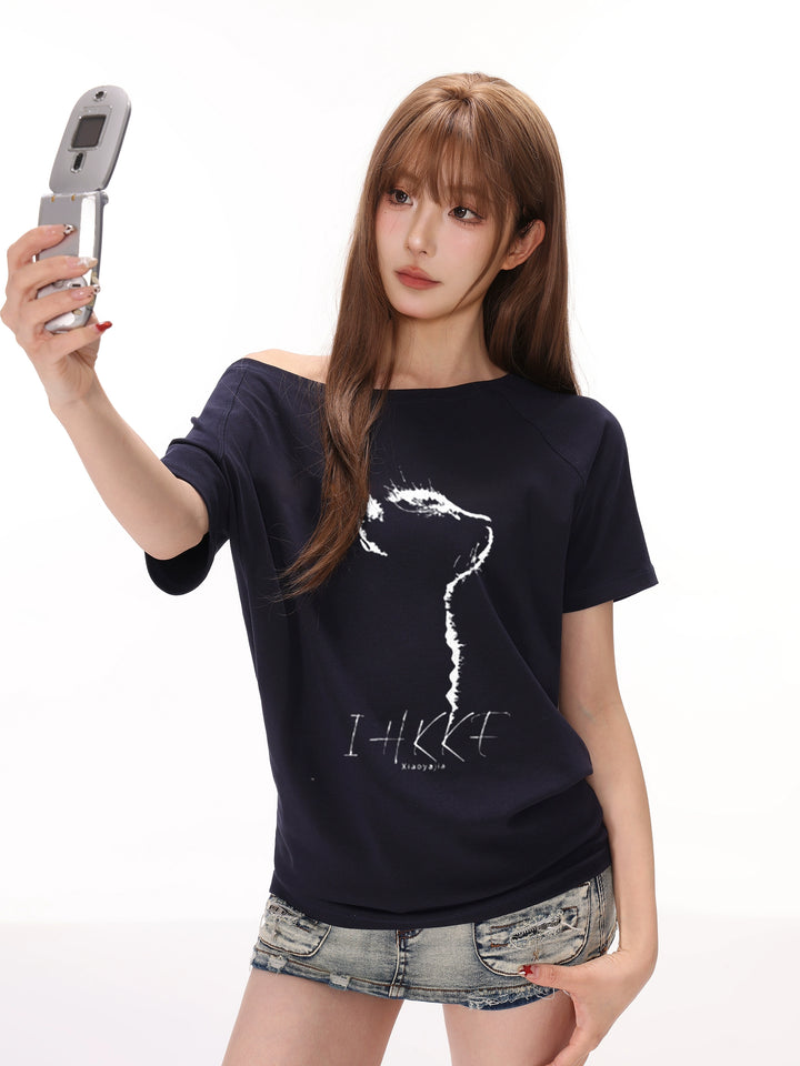 Off-Shoulder Cat Print Casual Top