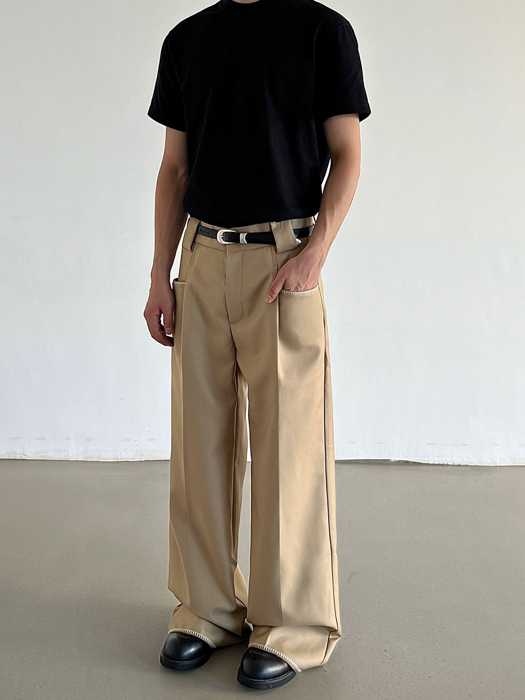 Stitch Detail Straight Drape Casual Pants
