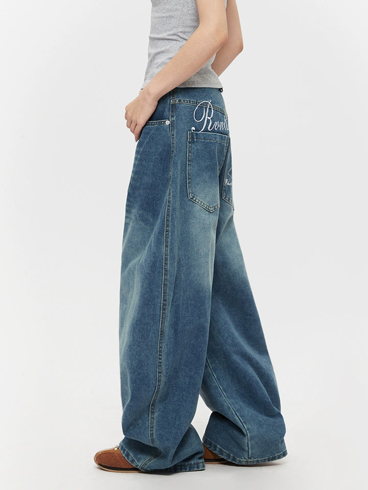 Embroidered Wide-Leg Straight Jeans