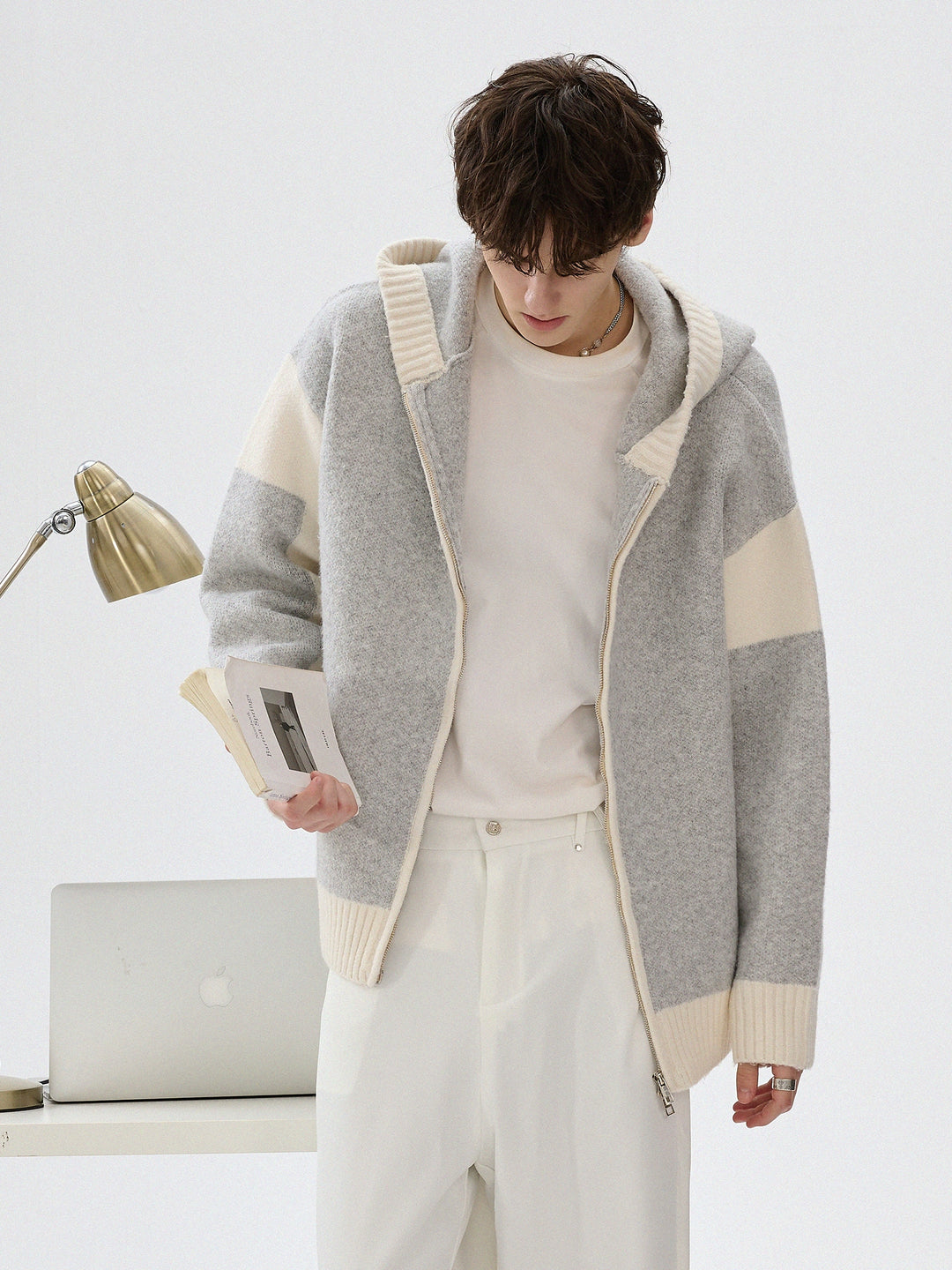 Velvet Hooded Knit Sweater Jacket