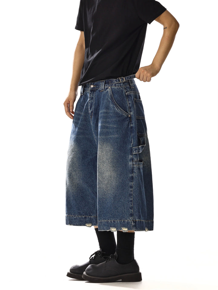 Wide-Leg Cropped Denim Cargo Pants