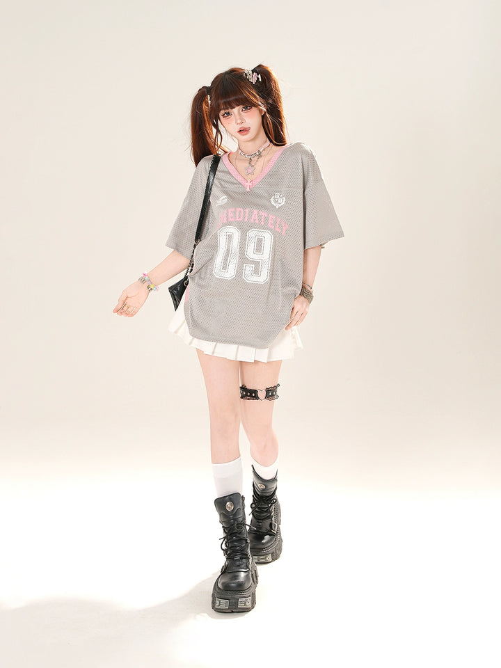 V-Neck Mesh Jersey Short Sleeve Top