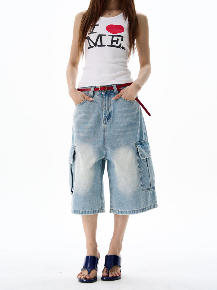 Wide-Leg Cropped Denim Cargo Pants