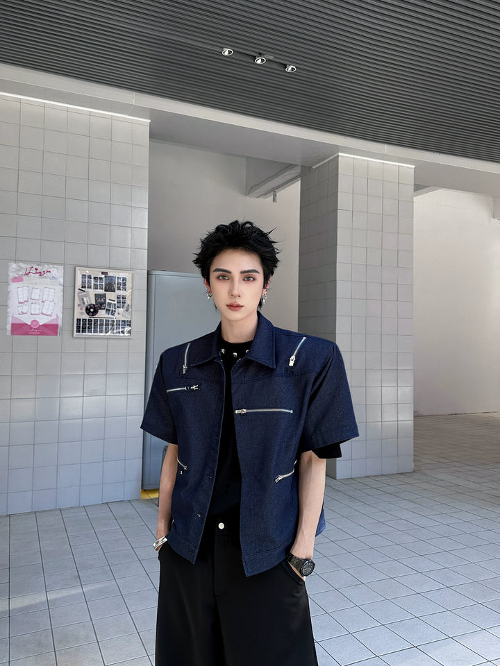 Short Sleeve Zipper Lapel Denim Jacket