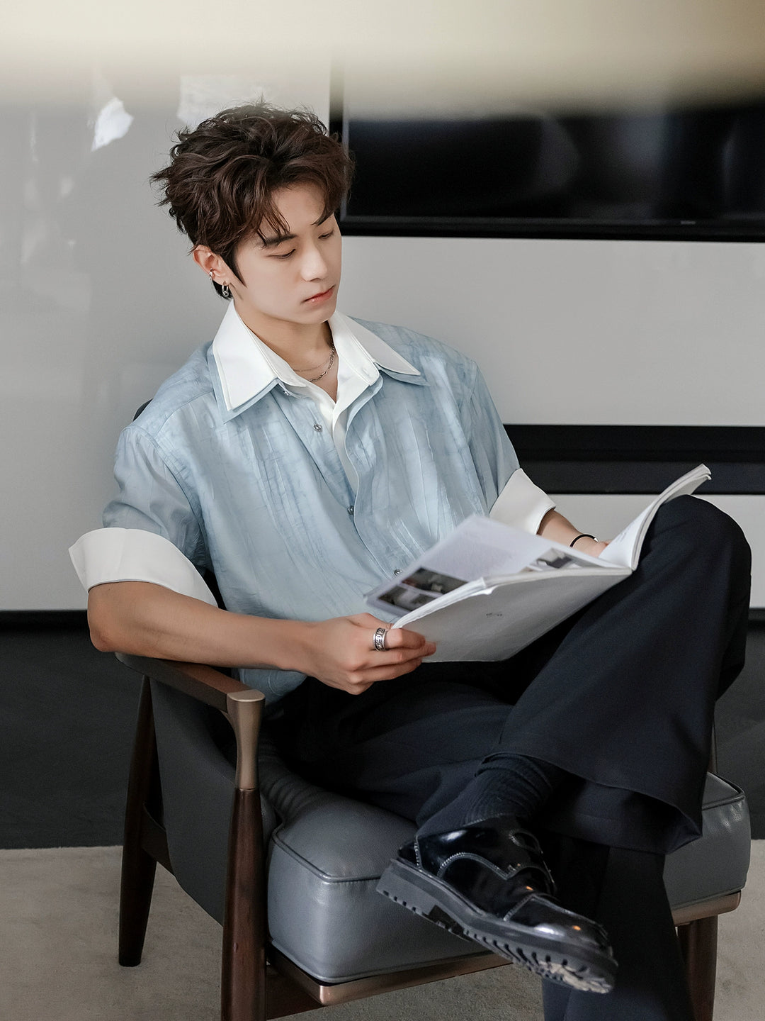Ink Texture Patchwork Rolled Sleeves Shirt