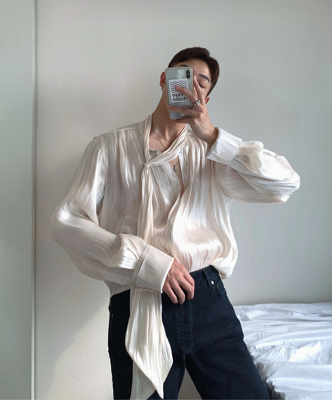 Textured Pleated Heavy Fabric Ribbon Shirt