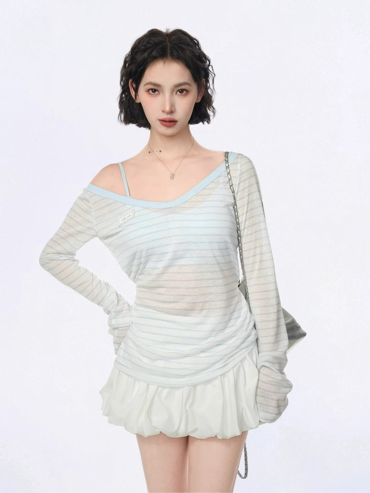 Striped Off-Shoulder Long Sleeve Turtleneck