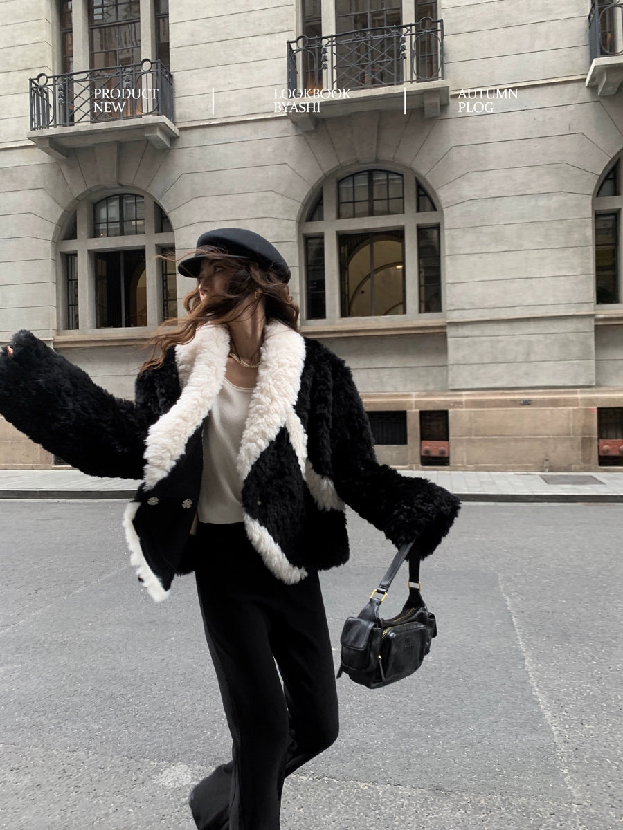 V-Neck Contrast Faux Fur Winter Coat