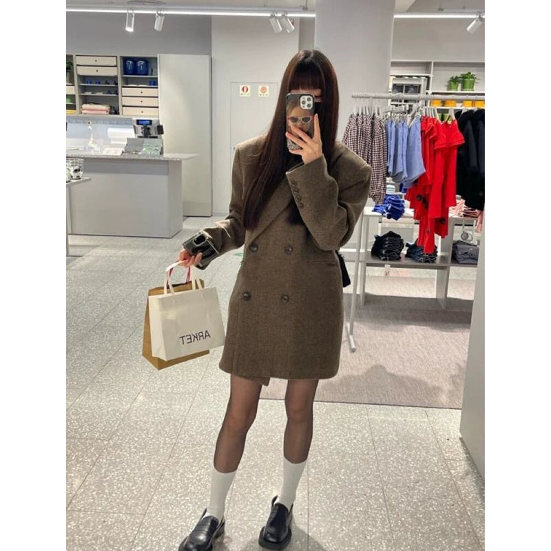 울 더블 브레스트 블레이저 미니 코트