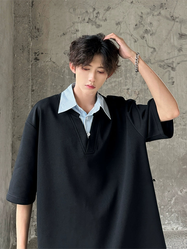 Spliced Lapel Loose Short-Sleeve T-Shirt