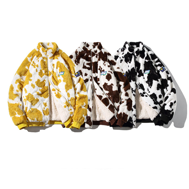 Cow Pattern Stand Collar Insulated Jacket
