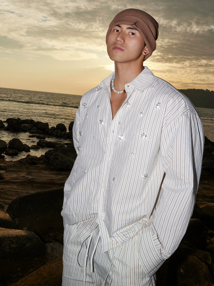 Gestreepte Beaded Shirt en Shorts Set