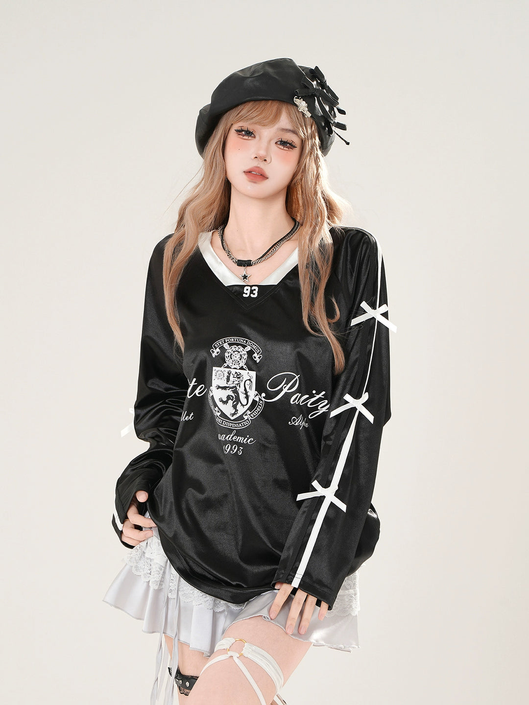 V-Neck Satin Academy Graphic Sweatshirt