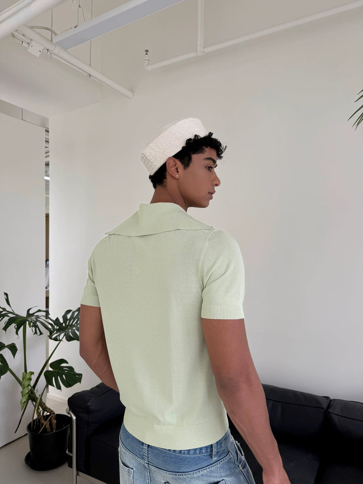 Knitted Large Lapel Short Sleeve Polo Shirt