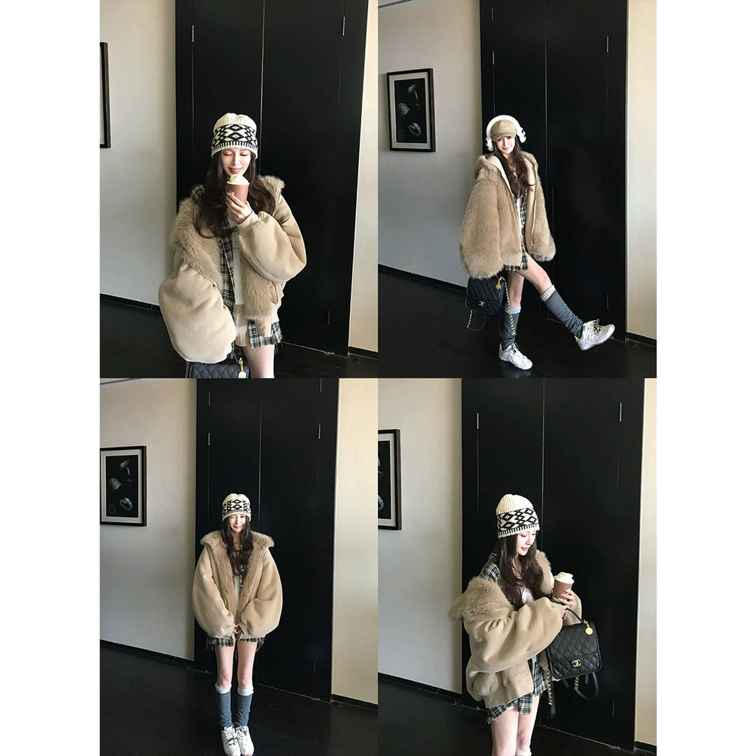 Plush Faux Fur Hooded Sweatshirt Jacket