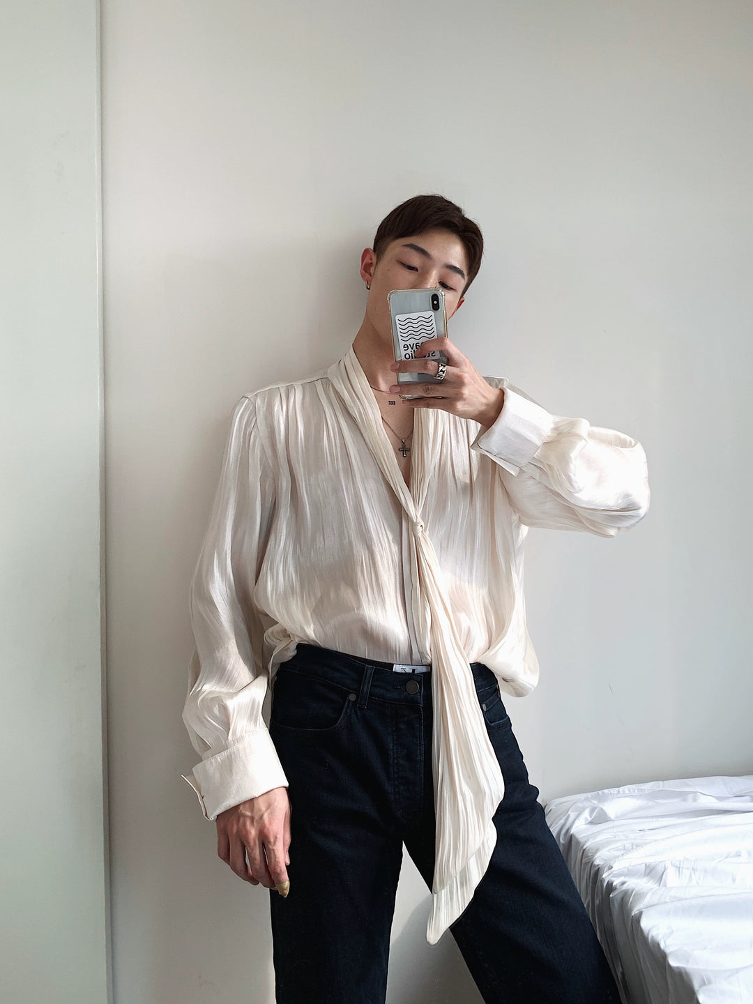 Textured Pleated Heavy Fabric Ribbon Shirt