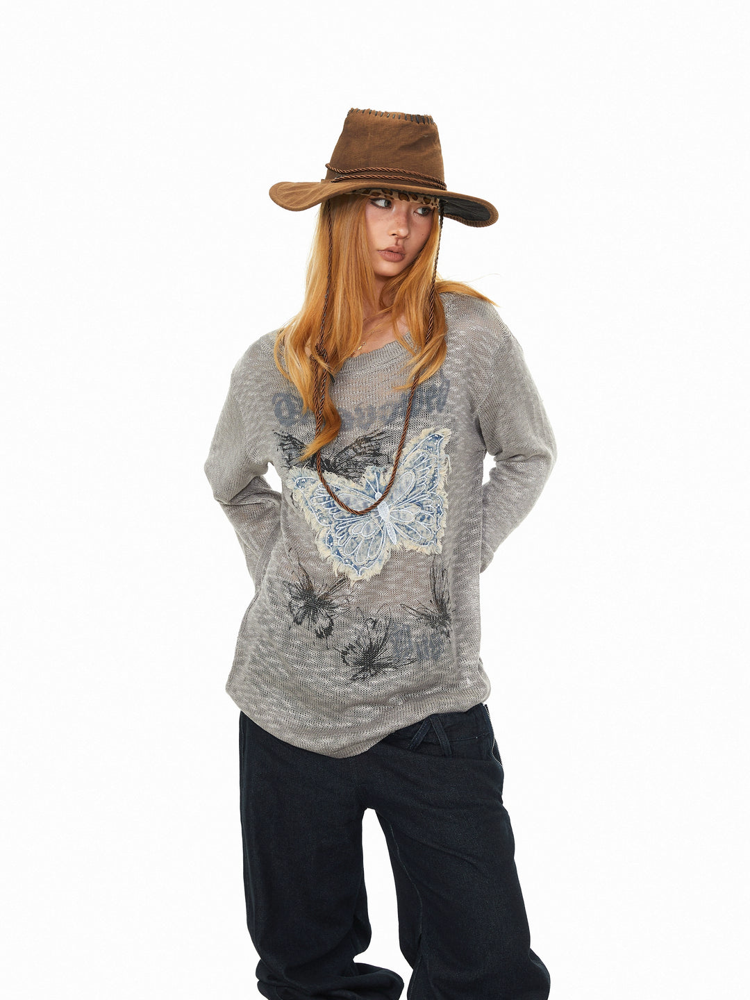 Butterfly Embroidery Sheer Long Sleeve Pullover