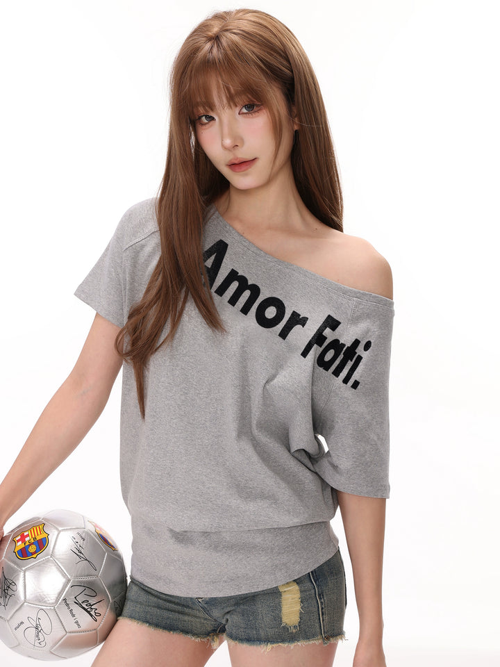 Oblique Shoulder Letter Print Casual T-shirt