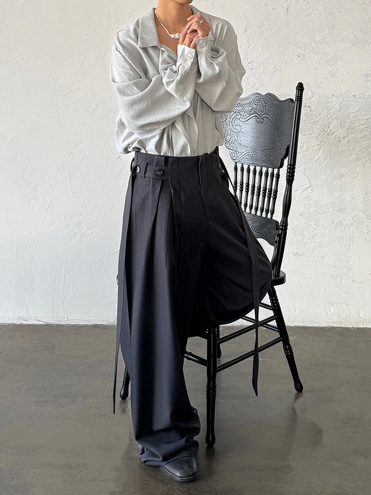 Ribbon Wide-leg Pleated Trousers