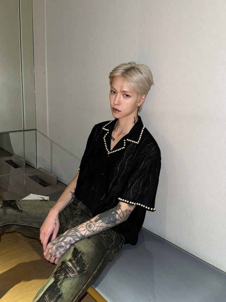 Pearl Trim Lace Hollow Short Sleeve Shirt