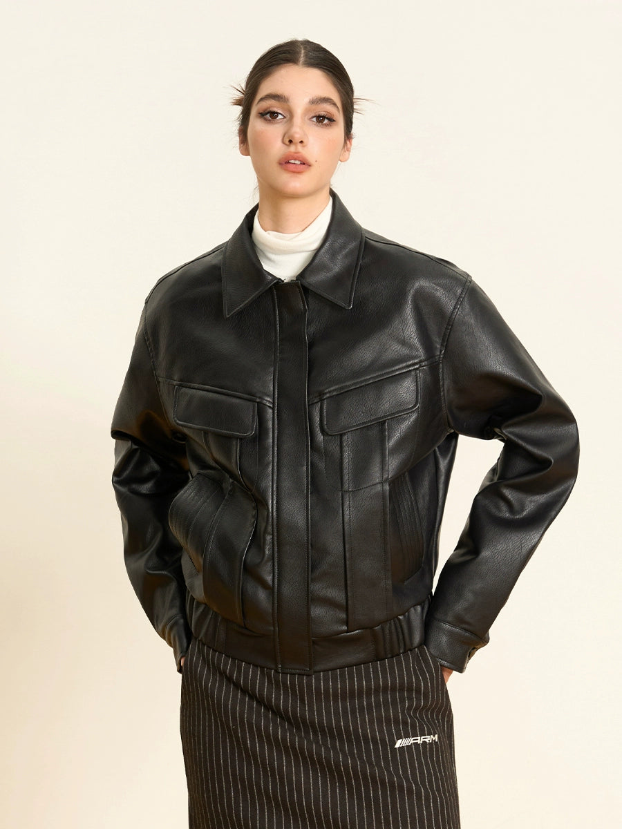 Retro krátká motocyklová bunda z umělé kůže