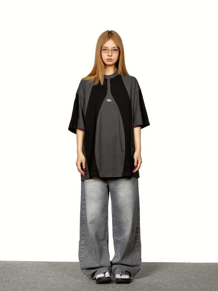 Contrast Stitch Embroidered Loose Turtleneck Top