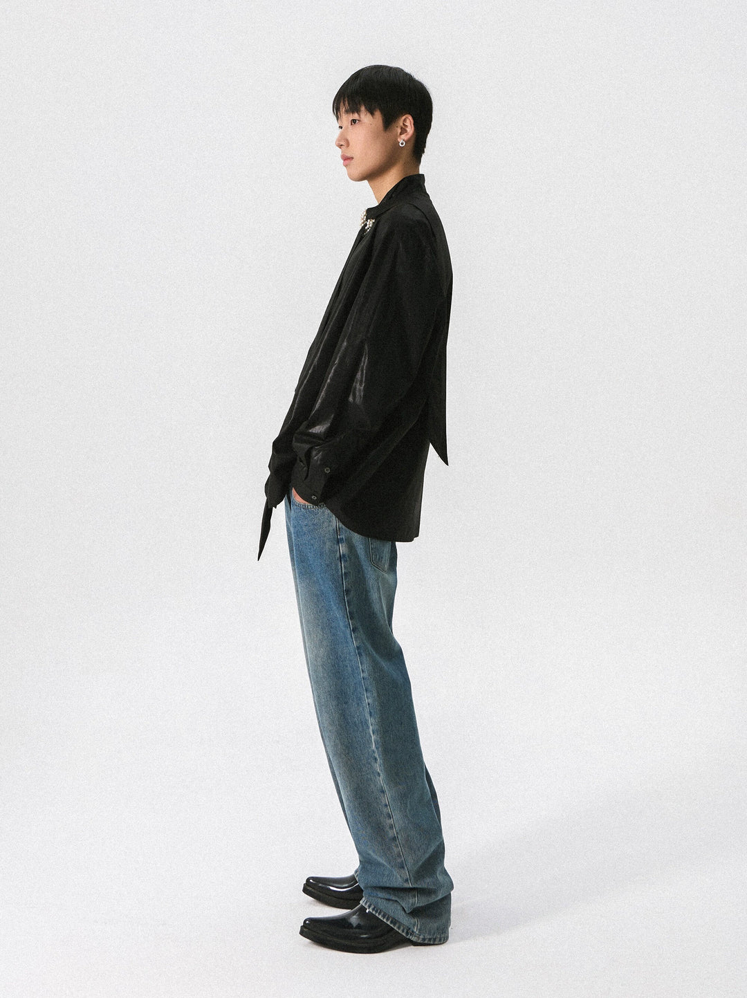 Pearl Detail Ribbon Accent Formal Shirt