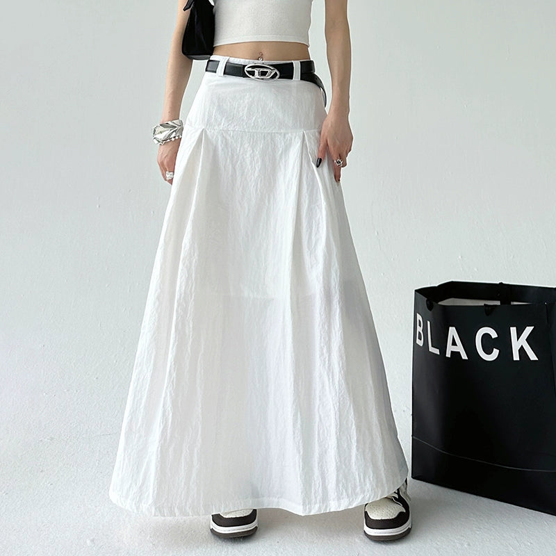 High Waist Pleated Long A-Line Skirt