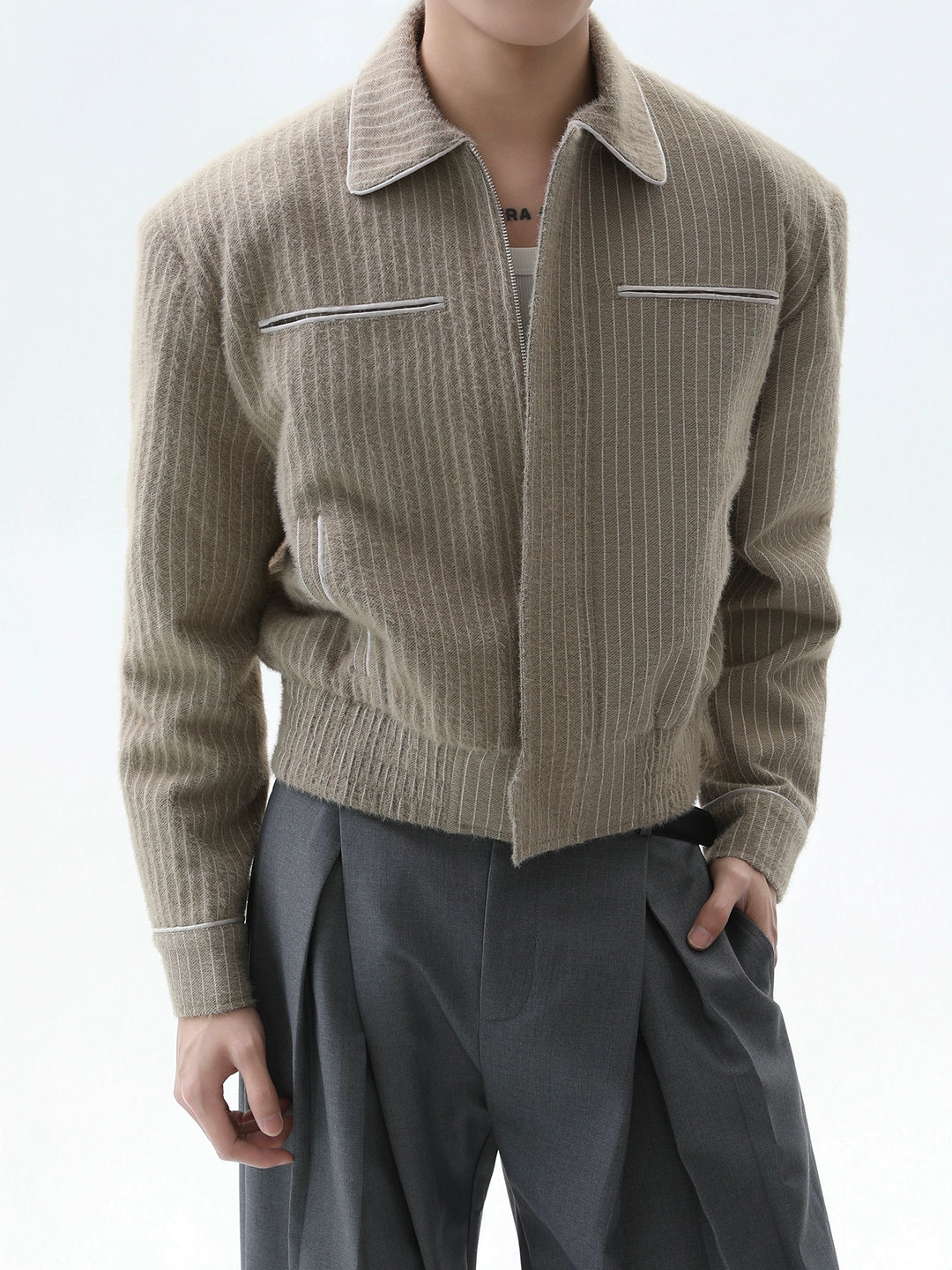 Vertical Striped Lapel Plush Jacket
