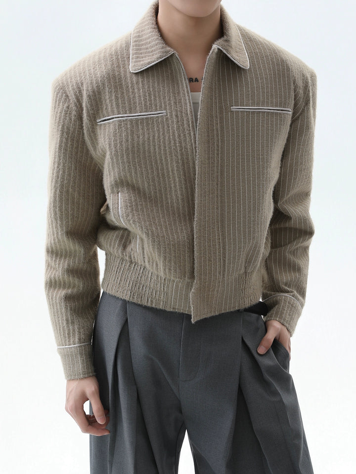 Vertical Striped Lapel Plush Jacket