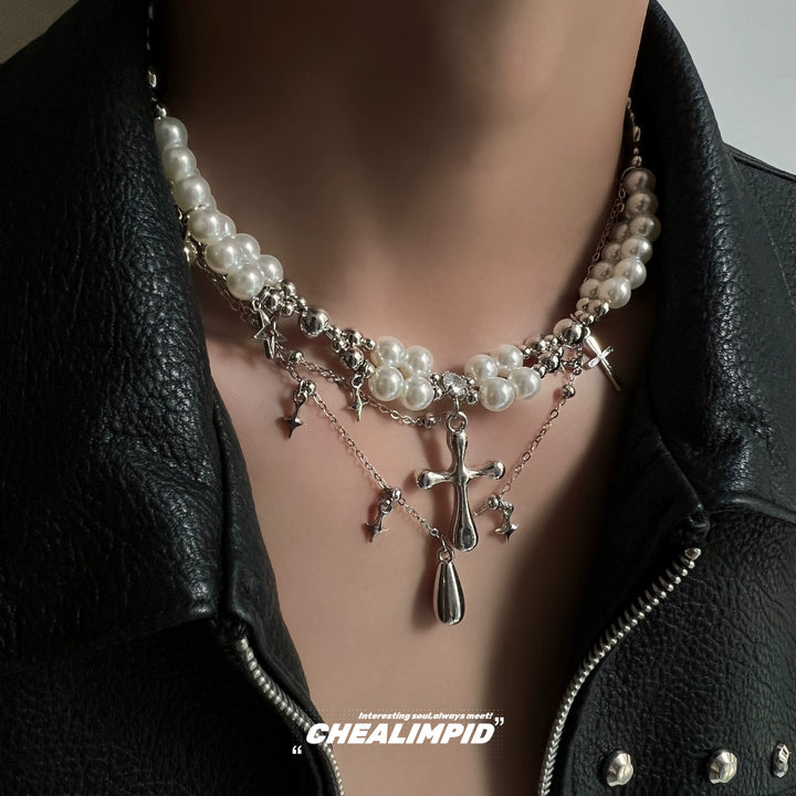 Layered Pearl Cross Pendant Necklace
