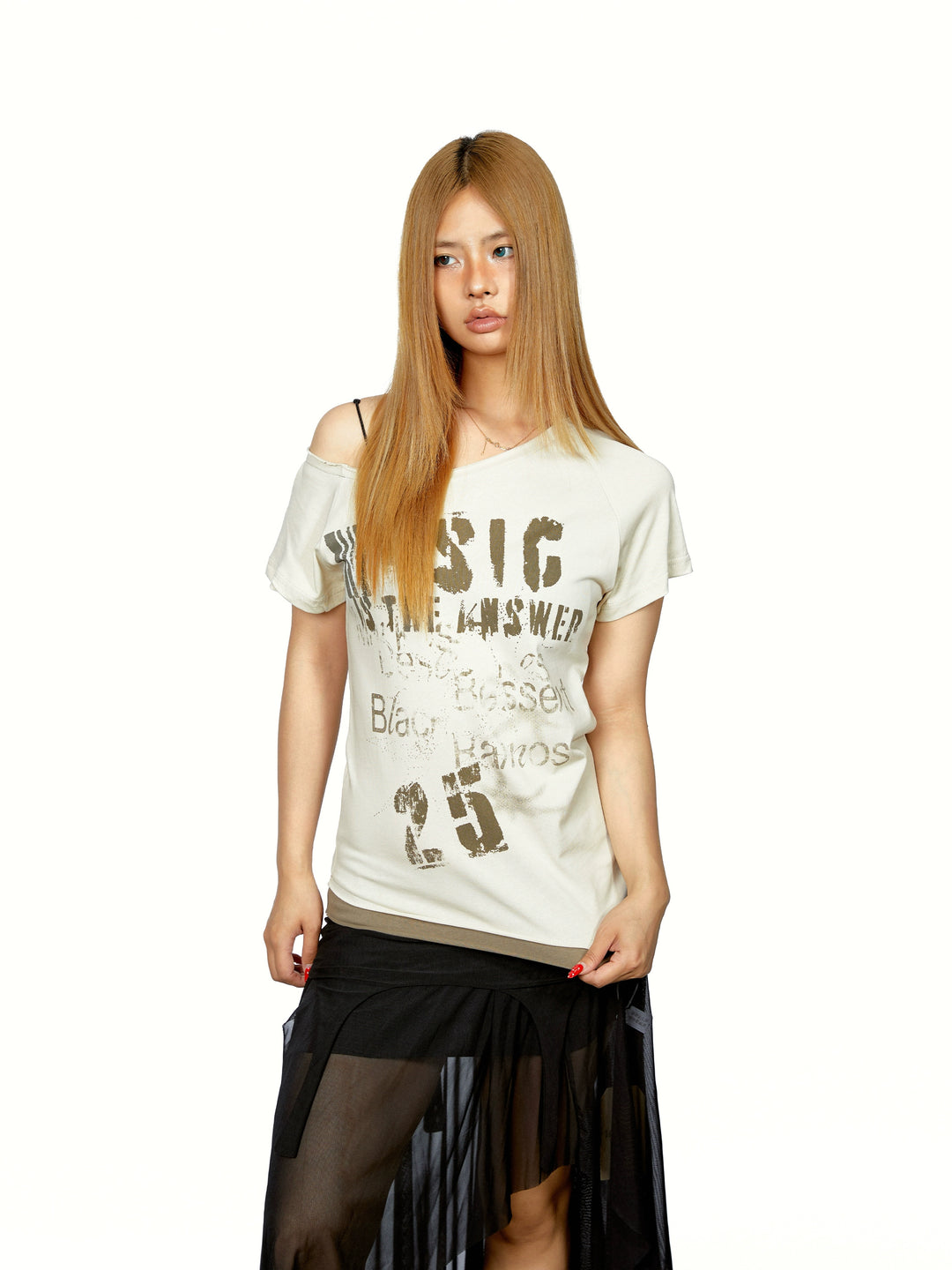 One-Shoulder Letter Print Slim Fit T-Shirt
