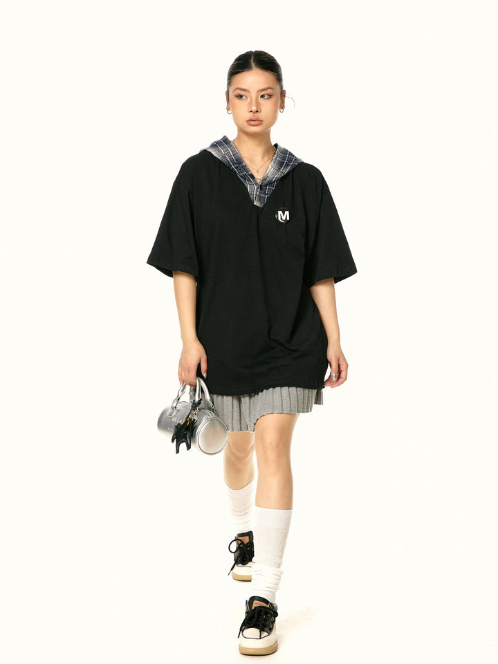 Retro Plaid Hooded Short-Sleeve Top