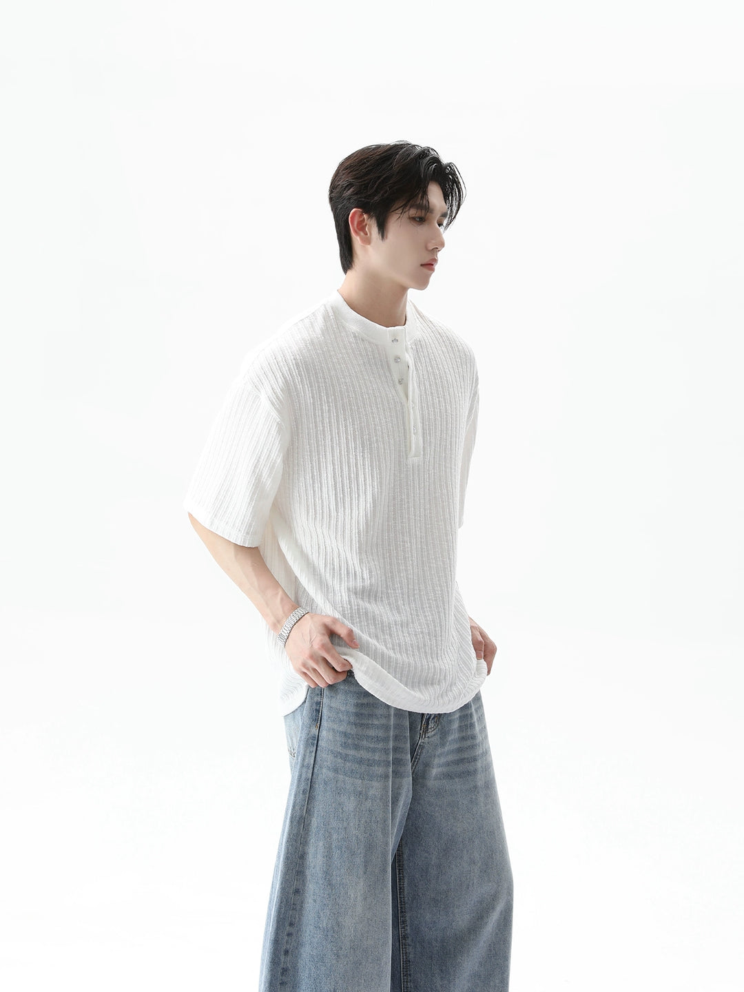 Ribbed Henley Collar Short Sleeve Pullover