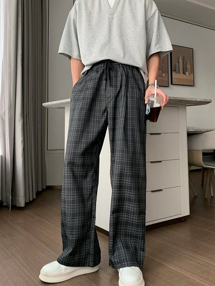 Plaid Elastic Waist Wide-Leg Casual Pants
